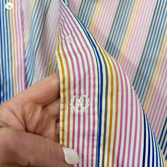 Bugatchi Uomo Men’s Dress Shirt Pink Blue Yellow Stripe Classic Fit Button Up XL - Picture 12 of 15